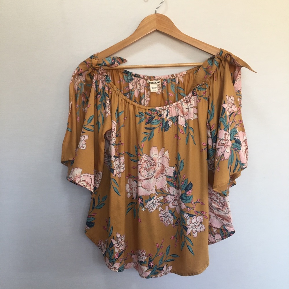 BILLABONG Blues Baby Gold Honey Floral Festival Hippie Off Shoulder Top